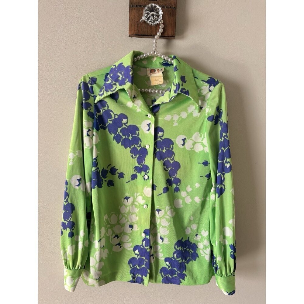 Vintage Kamehameha Womens Tag Size 10 Blouse Green Floral Long Sleeve 1960s